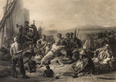 "Kohtaus Afrikan rannikolla": orjat ja orjapiiskurit odottavat kuljetusta ulkomaille. tekijältä Charles Edward Wagstaff