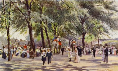 Lontoon eläintarha: Broad Walk, elefanttien kanssa (väri litho) tekijältä Charles Edwin Flower