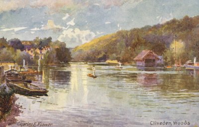 Thames-joki: Cliveden Woods (värilitografia). tekijältä Charles Edwin Flower