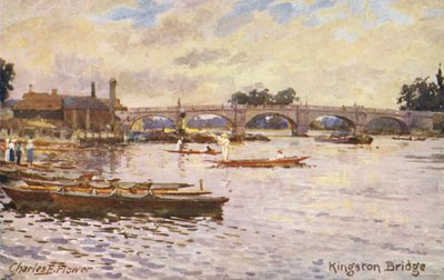 Thames-joki: Kingstonin silta (värilitografia) tekijältä Charles Edwin Flower