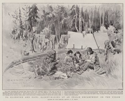 Klondykeen ja takaisin, korien teko intialaisessa leirintäalueella Yukonissa (litho) tekijältä Charles Edwin Fripp