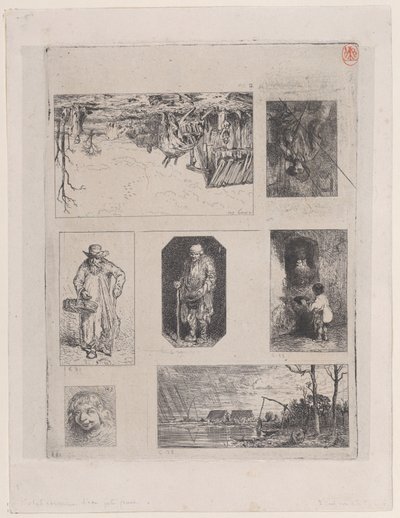 Maatilamaisema a, Istuva talonpoika b, Kerjäläinen c, Kerjäläinen d, Pikku kerjäläinen e, Hea..., 1844. tekijältä Charles Emile Jacque