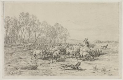 Maisema lammaslauman kanssa, 1800-luku. tekijältä Charles Emile Jacque