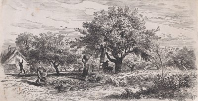 Hedelmien poimiminen puusta mökin ulkopuolelta, n. 1852. tekijältä Charles Emile Jacque