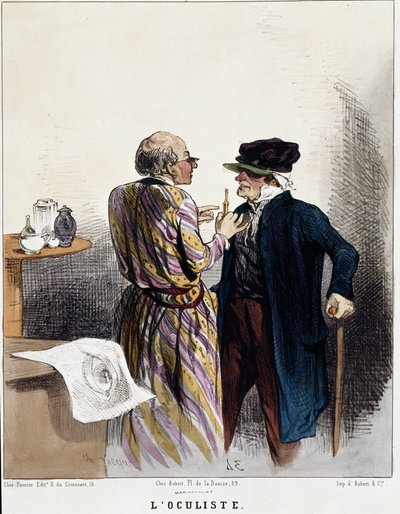 Sarja "sairaat ja lääkärit": silmälääkäri. Sarjakuva lääkäristä potilaan lääkärintarkastuksen aikana hänen silmiinsä. Kaiverrus Charles Jacques tekijältä Charles Emile Jacque