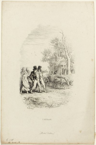 Oxcart, kuvitus Lachambaudien Fablesista tekijältä Charles Emile Jacque
