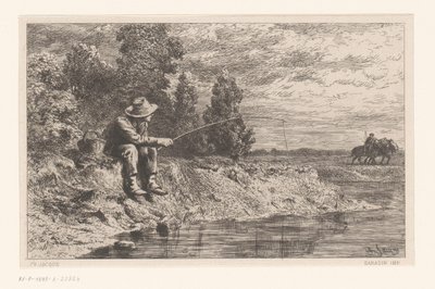 Kalastaja vedessä Peche au gardon tekijältä Charles Emile Jacque