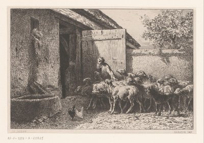 Nainen johdattaa lampaita talliin Bergerie tekijältä Charles Emile Jacque