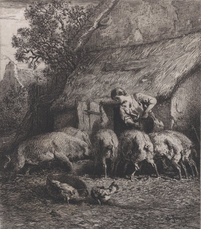 Nainen ruokkimassa sikoja, 1850. tekijältä Charles Emile Jacque