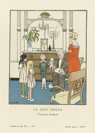 Hyvä setä. Lasten puvut julkaisusta La Gazette du Bon Ton, pub. 1914 (Stencil Print) tekijältä Charles Emile called Carlegle Egli