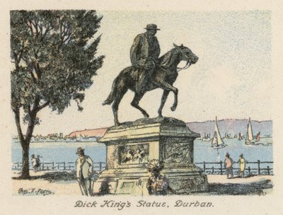 Etelä-Afrikka: Dick Kingin patsas, Durban (värilitografia). tekijältä Charles Ernest Peers