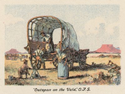 Etelä-Afrikka: "Outspan on the Veld", OFS (värilitografia). tekijältä Charles Ernest Peers