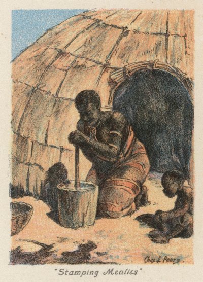 Etelä-Afrikka: "Stamping Mealies" (värilitografia). tekijältä Charles Ernest Peers