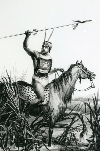 Charruas-heimon päällikkö Jean Baptiste Debretin "Pitoresque and Historical trip to Brazil", 1834. tekijältä Charles Etienne Pierre Motte