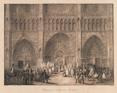 Austerlitzissä otetut liput vastaanotettu Notressa Dame, 1800-luvun alku (litho) tekijältä Charles Etienne Pierre Motte