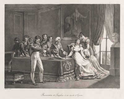 Josephine luopumassa oikeuksistaan, aikaisin 1800-luku (litho) tekijältä Charles Etienne Pierre Motte