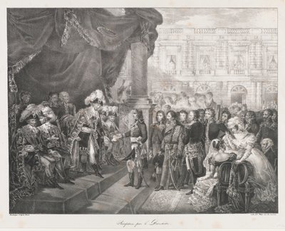 Vastaanotto Directoriressa, alkupuolella 19 vuosisadan (litho) tekijältä Charles Etienne Pierre Motte
