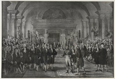 Napoleon Bonaparten vastaanotto instituutissa, fysiikan ja matematiikan luokka, mekaanisen taiteen osasto 25. joulukuuta tekijältä Charles Etienne Pierre Motte