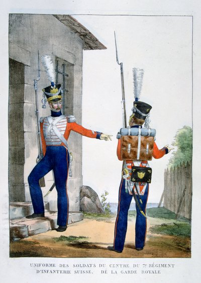 Sveitsin 7. kuninkaallisen vartijan jalkaväkirykmentin univormu, Ranska, 1823. tekijältä Charles Etienne Pierre Motte