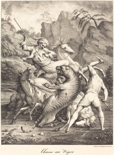 Tiikerin metsästys tekijältä Charles Etienne Pierre Motte after Auguste Jacques Regnier