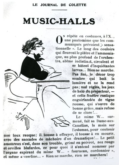 Karikatyyri Colettesta hänen esseestään Vrilles de la Vignen musiikkisaleista, julkaistu La Vie Parisiennessa, Pariisissa, 1908 tekijältä Charles Felix Gir