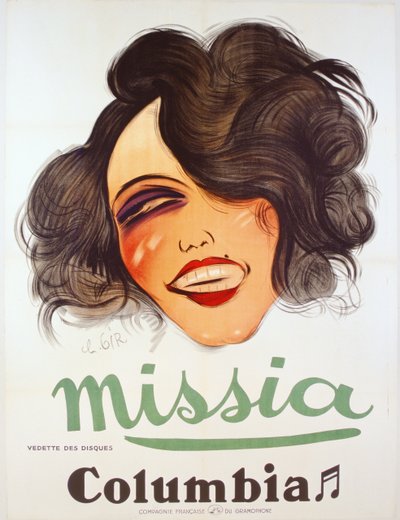 Columbia Recordsin juliste, joka mainostaa ranskalaista chanteusea, Missia, n. 1935 tekijältä Charles Felix Gir
