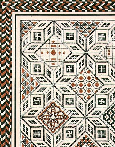 Nimesin, luultavasti 2. tai 3. vuosisadan pubista löydetyn mosaiikkipäällysteen suunnittelu. by Day & Son (litho) tekijältä Charles Felix Marie (after) Texier
