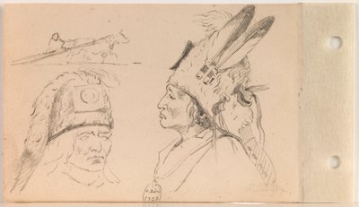Palaneapapen (Struck-by-Ree tai Struck-by-Arikara) ja Travoisin koiran (lehti 21 verso) tutkimukset tekijältä Charles Ferdinand Wimar