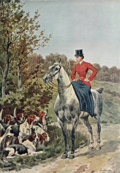 Ratsunainen koirakoirien kanssa, kirjasta "Paris-Noel 1892-93", kaiverrus Rougeron-Vignerot, 1892 tekijältä Charles Fernand de Condamy