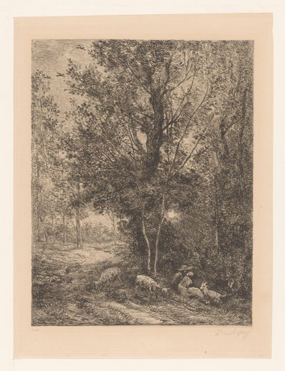 Metsä lepäävien vuohipaimenten kanssa Le berger et la bergere tekijältä Charles Francois Daubigny