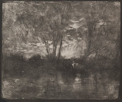 Lehmät juomapaikalla, alkuperäinen jäljennös 1862, painettu 1921. tekijältä Charles Francois Daubigny