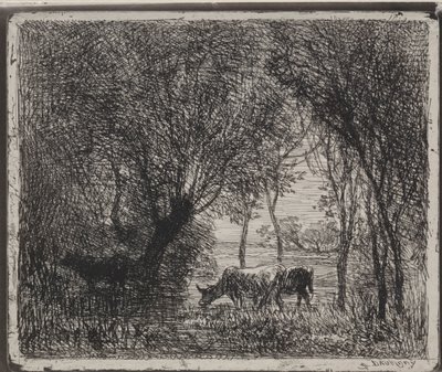Lehmät metsässä, alkuperäinen jäljennös 1862, painettu 1921. tekijältä Charles Francois Daubigny