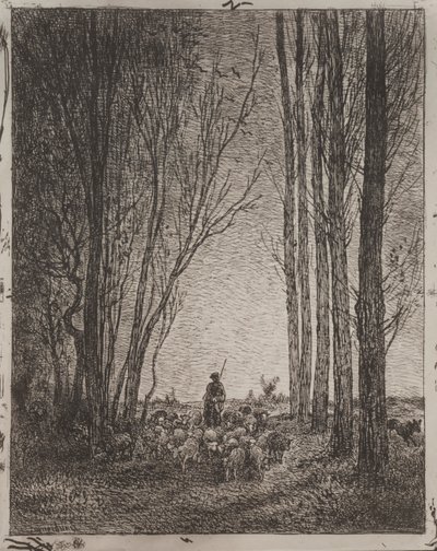 Gathering in the Flock, alkuperäinen jäljennös 1862, painettu 1921. tekijältä Charles Francois Daubigny