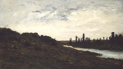 Paimenet ja karja metsäisessä jokimaisemassa tekijältä Charles Francois Daubigny