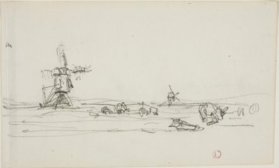 Maisema Hollannissa (etusivu); luonnos tuulimyllyistä veden äärellä (kääntöpuoli). tekijältä Charles Francois Daubigny