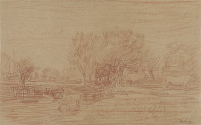 Maisema laiduntavien ja juovien lehmien ja katselevan härän kanssa tekijältä Charles Francois Daubigny