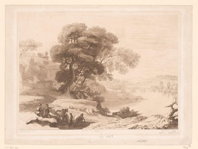 Maisema paimenten ja karjan kanssa joen reunalla tekijältä Charles Francois Daubigny
