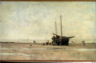 ""Seascape"" Purjevene hiekalla laskuveden aikaan. Charles Francois Daubignyn (1817-1878) maalaus 1868-1872 Pushkin-museo, Moskova tekijältä Charles Francois Daubigny