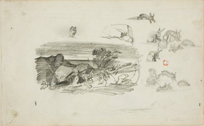Luonnoksia: Kallioasetelma ja jänikset tekijältä Charles Francois Daubigny