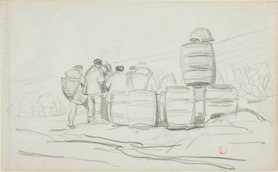Tutkimus ihmisryhmästä tynnyreiden kanssa (etusivu); kaksi tutkimusta naisen keräilystä (kääntöpuoli). tekijältä Charles Francois Daubigny