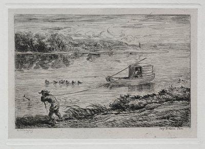 Venematka: Hyttipoika vetää hinausköyttä tai vetää köydellä tekijältä Charles Francois Daubigny