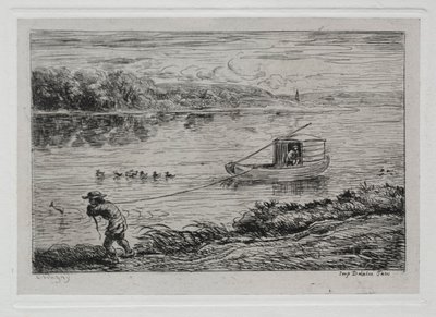 Venematka: Mökkipoika vetää hinausköyttä tai veto köydellä, 1861. tekijältä Charles Francois Daubigny