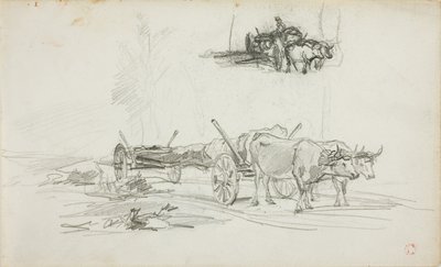 Kaksi luonnosta härkien vetämisestä tukin kanssa tekijältä Charles Francois Daubigny