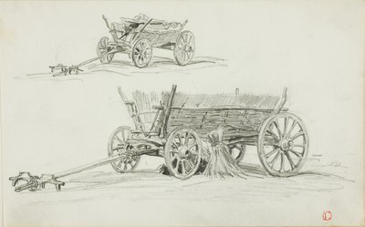 Kaksi luonnosta härkäkärrystä tekijältä Charles Francois Daubigny