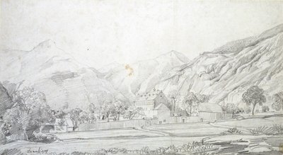 Näkymä rakennuksista aidatussa kotelossa vuorten taustalla, 1800-luvun puoliväli tekijältä Charles Francois Daubigny