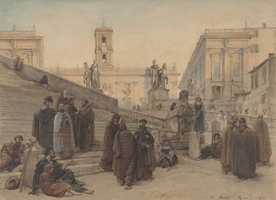 Campidoglio nähtynä Rooman Aracoelin kirkon portaista auringonlaskun aikaan 1846. tekijältä Charles Francois Houel