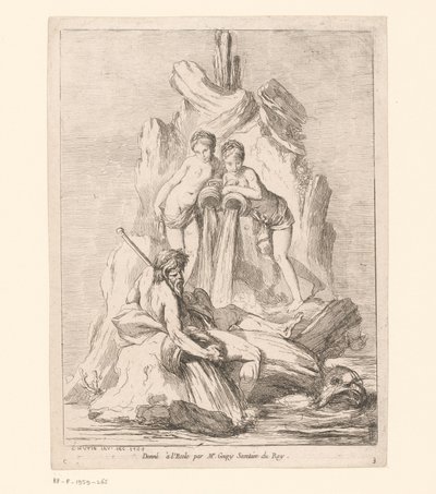 Suihkulähde, jossa on kaksi nymfiä ja jokijumala Suihkulähteet (sarjan nimi) Fontaines (sarjan nimi) tekijältä Charles Francois Hutin