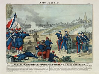 Pere Lachaisen hautausmaalle ja Chaumontin kukkulalle linnoittautuneiden kapinallisten tappio, 1871 (värikaiverrus) (värikaiverrus) tekijältä Charles Francois Pinot