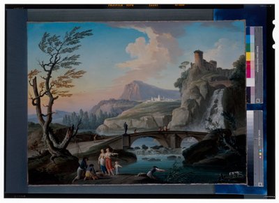 Jokimaisema, jossa kalastajat nostavat verkkojaan, kivinen maisema ja kävelysilta takana tekijältä Charles François Grenier de Lacroix