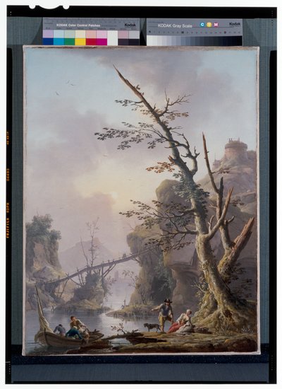 Jokimaisema kalastajien kanssa, jotka tavoittavat verkkonsa tekijältä Charles François Grenier de Lacroix